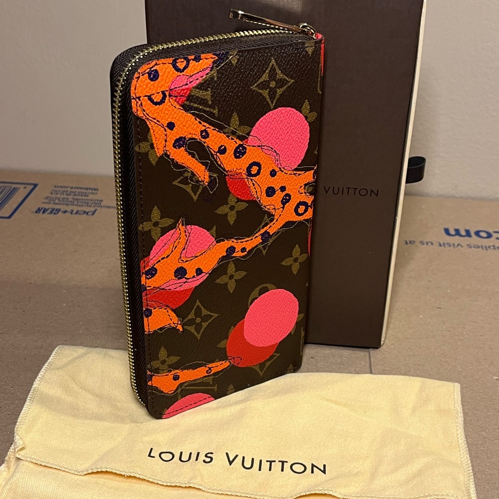 Louis Vuitton Brown Monogram Zip Wallet with Orange and Pink Graphic